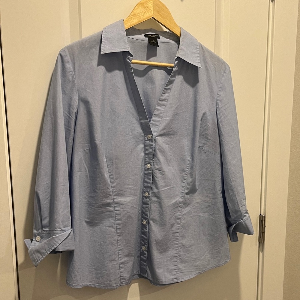 Ann Taylor LOFT Blue & White Pinstripe Button Down Shirt Blouse 14